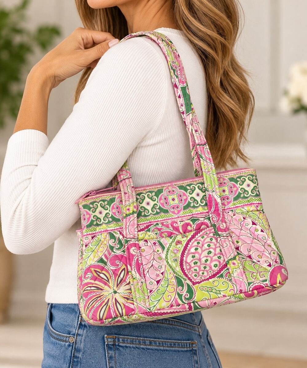 Vera Bradley Quilted Shoulder Bag Pink Green Paisley Floral Zip Pockets